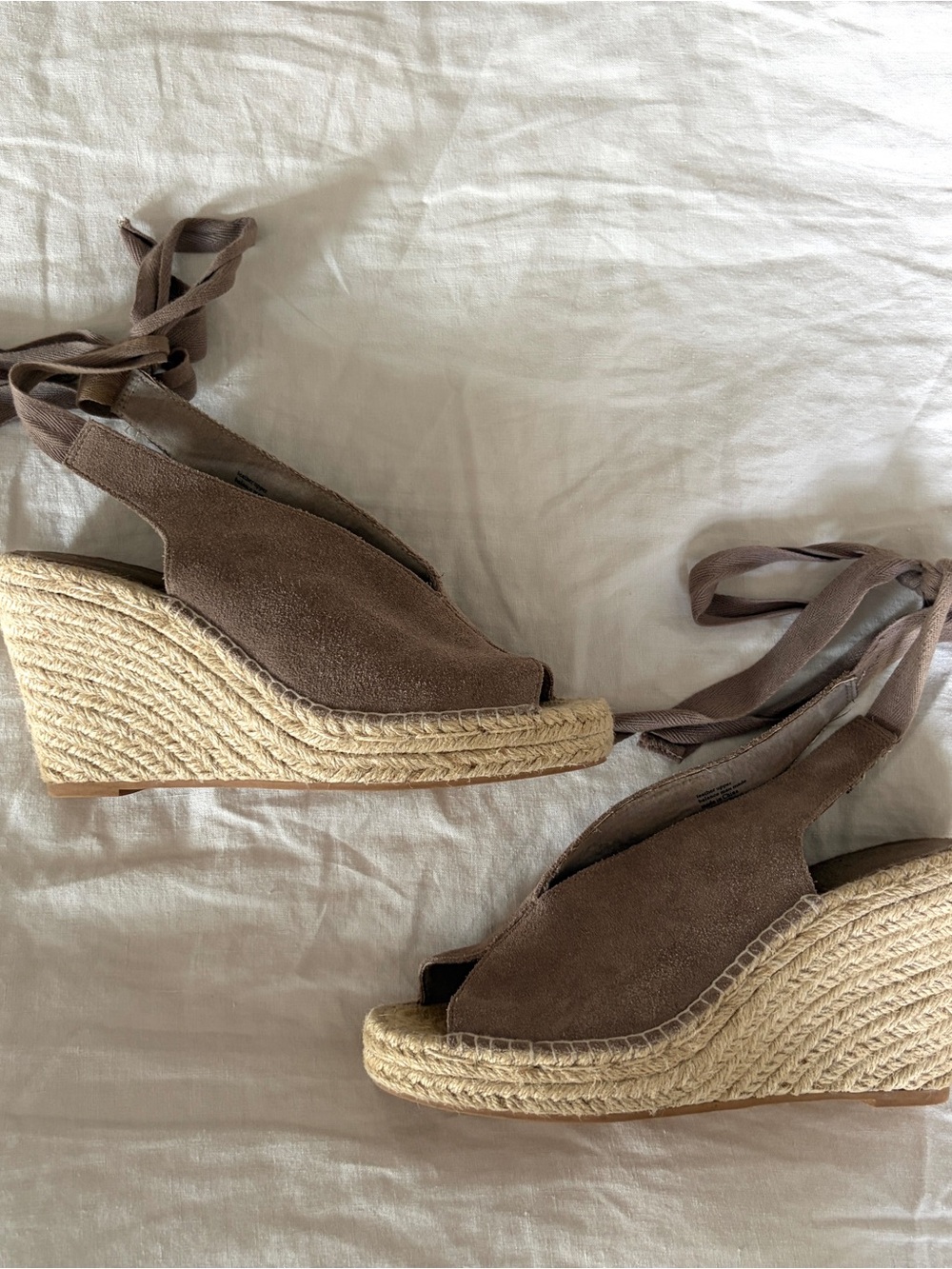 SEYCHELLES Taupe Suede Espadrille Wedge Sandals with Ankle Tie